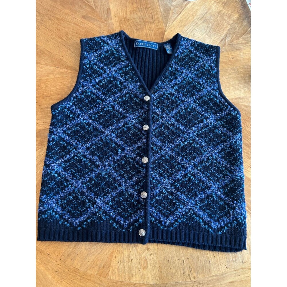 Karen Scott Vintage Textured Knit Cardigan Vest – Navy & Blue Wool Blend –Size M